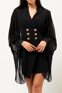 LOOSE SLEEVE GOLD BUTTON DRAPED DRESS