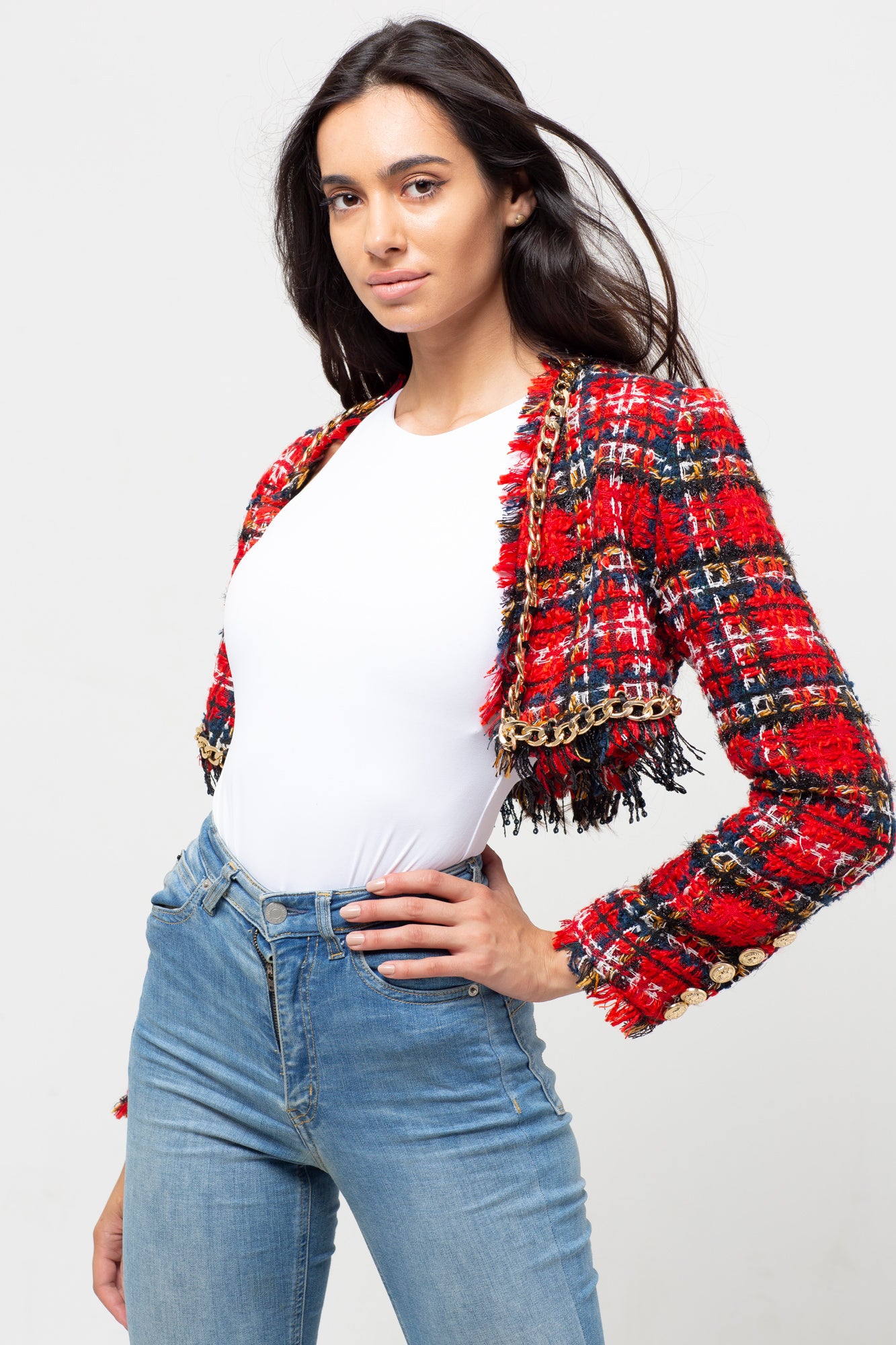 CROPPED CHAIN RED MIX TWEED BLAZER