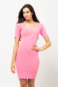 SQUARE NECK GOLD BUTTON BODYCON DRESS PINK