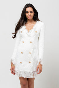 SPARKLE FRINGED TWEED BLAZER DRESS WHITE