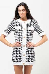 TWEED HOUNDSTOOTH GOLD BUTTON DRESS
